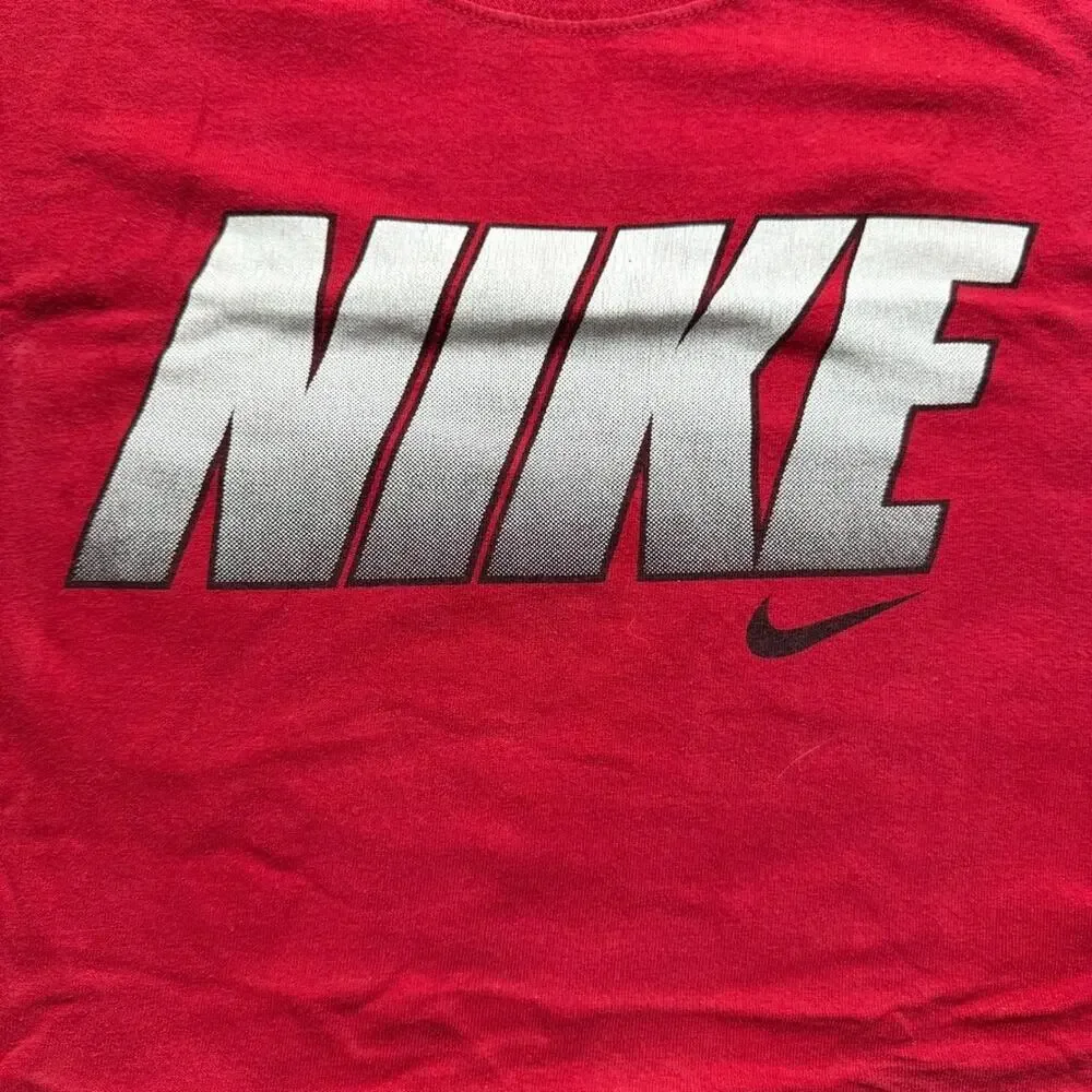 Nike Shirt Mens XL Red Loose Fit Spell out Swoosh Big Halftone Fade Logo